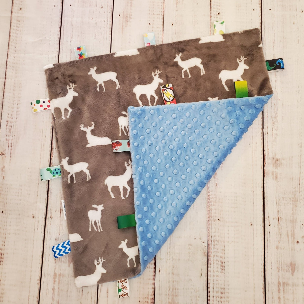 Mini Taggy Blanket Grey Deer Soft Blue Minky