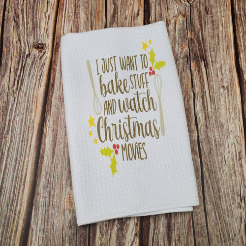 Bake Stuff and Watch Christmas Movies | Funny teatowel, kitchen towel, punny - My Other Child / Blooms n' Rooms