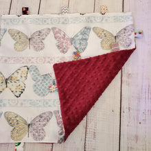 Load image into Gallery viewer, Mini Taggy Blanket | Butterflies / Burgundy Minky - My Other Child / Blooms n&#39; Rooms