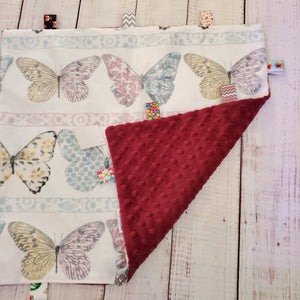 Mini Taggy Blanket | Butterflies / Burgundy Minky - My Other Child / Blooms n' Rooms