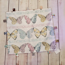 Load image into Gallery viewer, Mini Taggy Blanket | Butterflies / Burgundy Minky - My Other Child / Blooms n&#39; Rooms