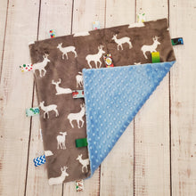 Load image into Gallery viewer, Mini Taggy Blanket | Grey Deer / Soft Blue Minky - My Other Child / Blooms n&#39; Rooms