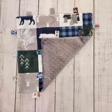 Load image into Gallery viewer, Mini Taggy Blanket | Wildlife Patchwork / Grey Minky - My Other Child / Blooms n&#39; Rooms