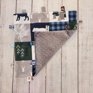 Mini Taggy Blanket | Wildlife Patchwork / Grey Minky - My Other Child / Blooms n' Rooms