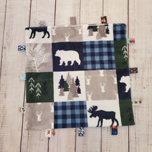 Load image into Gallery viewer, Mini Taggy Blanket | Wildlife Patchwork / Grey Minky - My Other Child / Blooms n&#39; Rooms