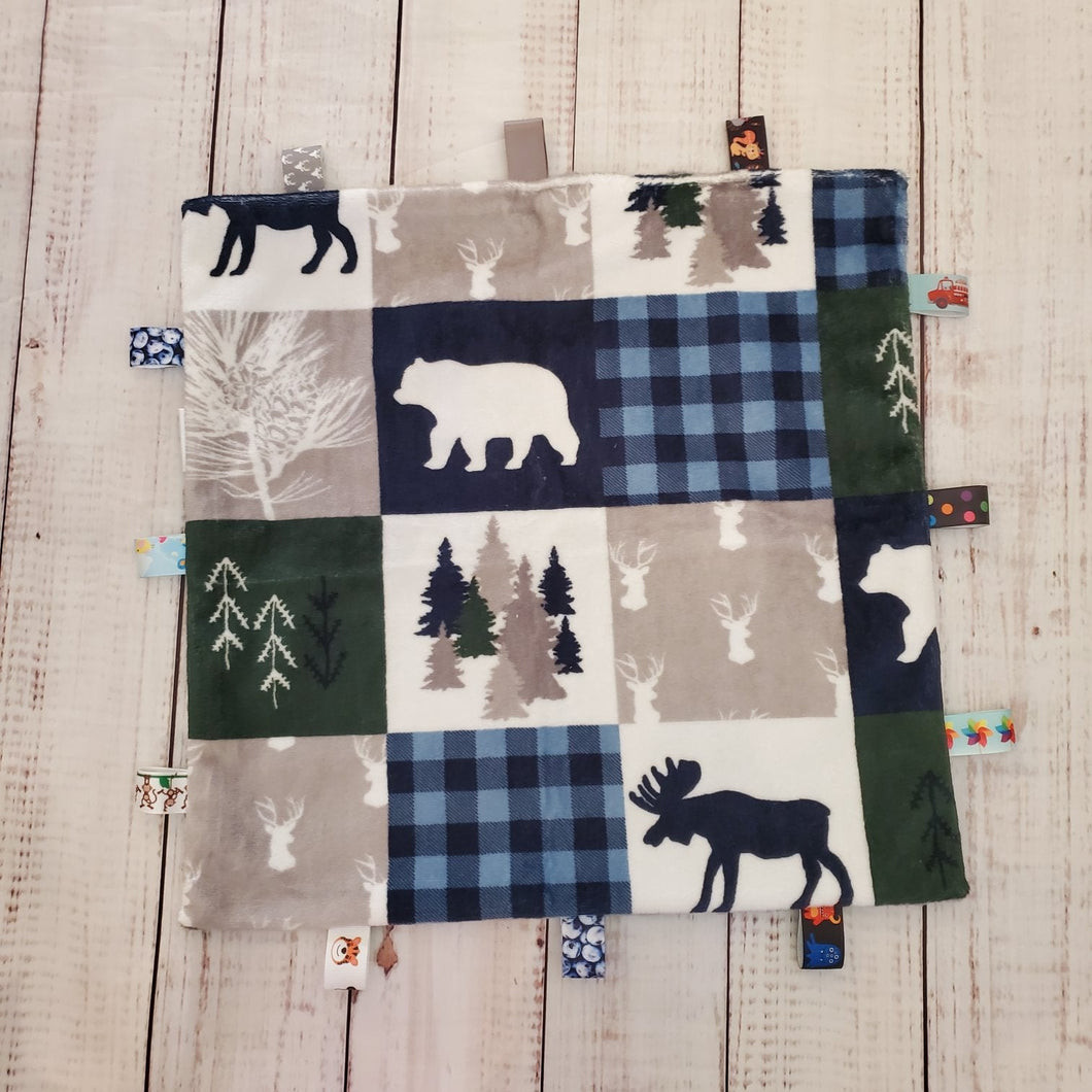 Mini Taggy Blanket | Wildlife Patchwork / Grey Minky - My Other Child / Blooms n' Rooms